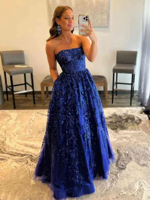 Strapless Navy Blue Lace Long Prom Dresses with Pocket, Navy Blue Lace Formal Evening Dresses High-Low Hemline Casual Strapless Navy Blue Lace Long Prom Dresses with Pocket, Navy Blue Lace Formal Evening Dresses High-Low Hemline Casual
