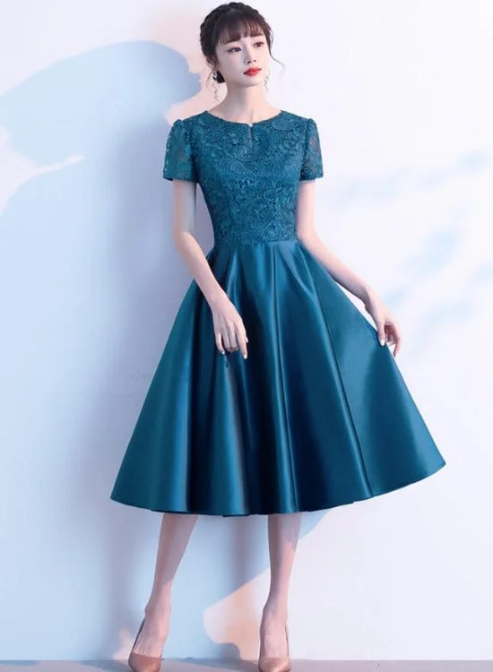 Teal Green Round Neckline Satin with Lace Wedding Party Dresses, Short Bridesmaid Dresses Tunics Chic fashionable Teal Green Round Neckline Satin with Lace Wedding Party Dresses, Short Bridesmaid Dresses Tunics Chic fashionable