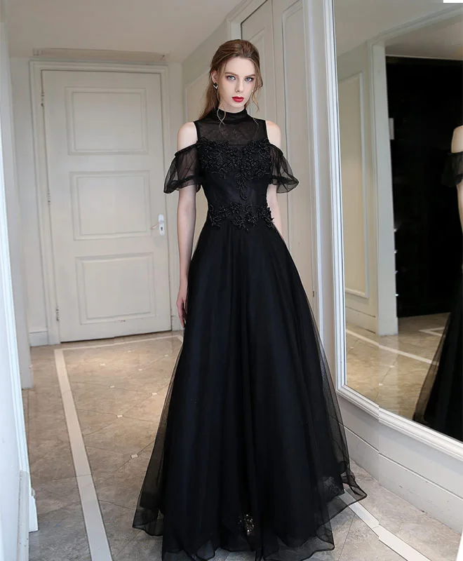 Unique Black High Neck Tulle Long Prom Dress, Black Evening Dress Tunics Stylish elegant Unique Black High Neck Tulle Long Prom Dress, Black Evening Dress Tunics Stylish elegant