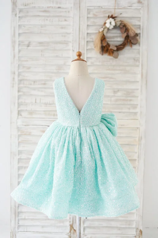 Princess V Back Mint Sequin Wedding Flower Girl Dress Kids Party Dress, Bow Tunics Fall fleece Princess V Back Mint Sequin Wedding Flower Girl Dress Kids Party Dress, Bow Tunics Fall fleece