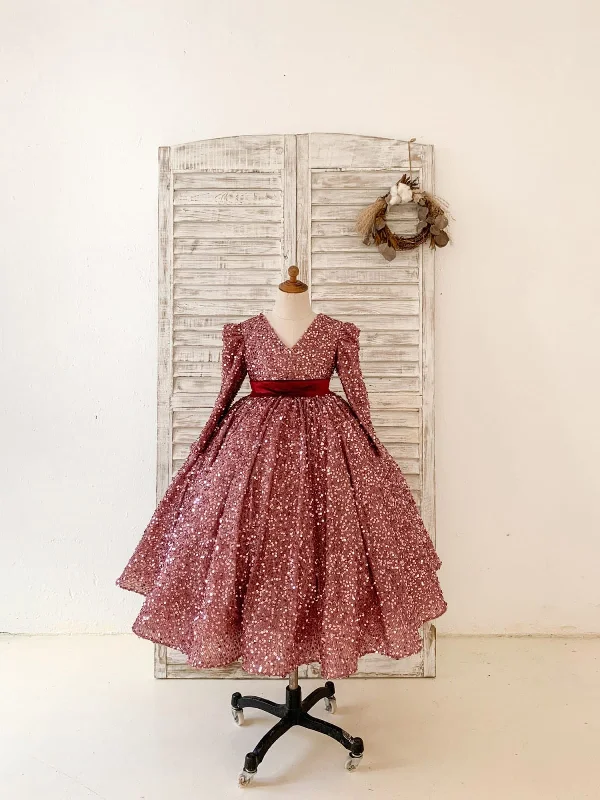 V Back Long Sleeves Burgundy Sequin Wedding Flower Girl Dress Birthday Party Dress Tunics Review highly V Back Long Sleeves Burgundy Sequin Wedding Flower Girl Dress Birthday Party Dress Tunics Review highly