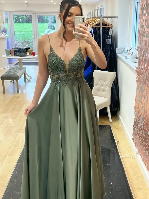 V Neck Dark Green Lace Long Prom Dresses, Dark Green Long Lace Formal Evening Dresses Tunics Chinos classic V Neck Dark Green Lace Long Prom Dresses, Dark Green Long Lace Formal Evening Dresses Tunics Chinos classic