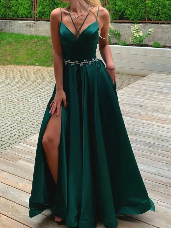 V Neck Dark Green Satin Long Prom Dresses,A Line V Neck Dark Green Long Formal Evening Dresses Tunics Gym athletic V Neck Dark Green Satin Long Prom Dresses,A Line V Neck Dark Green Long Formal Evening Dresses Tunics Gym athletic