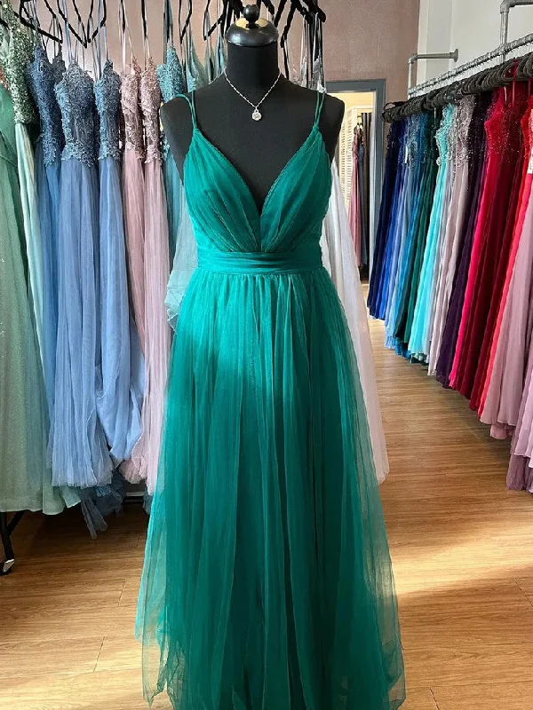 V Neck Dark Green Tulle Long Prom Dresses, Dark Green Tulle Long V Neck Formal Evening Dresses Tunics Exclusive limited V Neck Dark Green Tulle Long Prom Dresses, Dark Green Tulle Long V Neck Formal Evening Dresses Tunics Exclusive limited