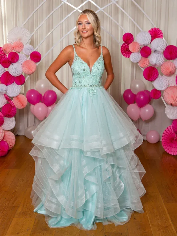 V Neck Fluffy Mint Green Lace Long Prom Dresses, Mint Green Lace Formal Evening Dresses, Mint Green Lace Long Ball Gown Cowl Neckline Elegant V Neck Fluffy Mint Green Lace Long Prom Dresses, Mint Green Lace Formal Evening Dresses, Mint Green Lace Long Ball Gown Cowl Neckline Elegant