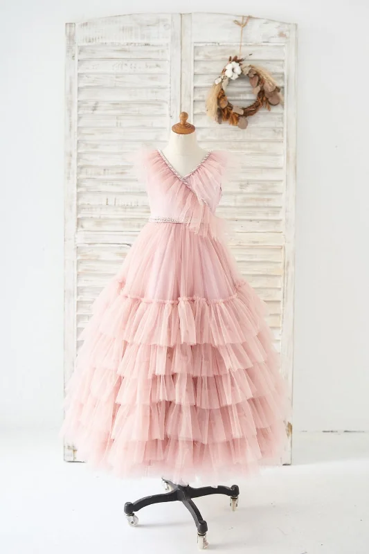 Princess V Neck Mauve Tulle Cupcake Wedding Flower Girl Dress Kids Party Dress Tunics Custom made Princess V Neck Mauve Tulle Cupcake Wedding Flower Girl Dress Kids Party Dress Tunics Custom made