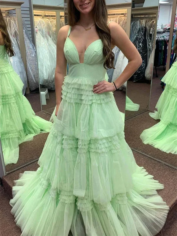 V Neck Open Back Green Layered Long Prom Dresses, V Neck Green Formal Evening Dresses sweetheart Neckline Romantic V Neck Open Back Green Layered Long Prom Dresses, V Neck Green Formal Evening Dresses sweetheart Neckline Romantic