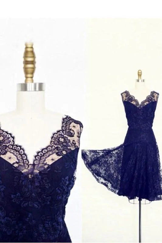 Vintage Short Lace Royal Blue Bridesmaid Dresses V-neck Sleeveless Wedding Party Dress Tunics Trousers formal Vintage Short Lace Royal Blue Bridesmaid Dresses V-neck Sleeveless Wedding Party Dress Tunics Trousers formal