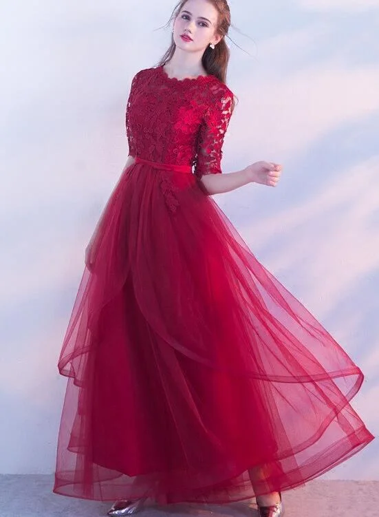 Wine Red Lace 1/2 Sleeves Tulle Long Party Dress, A-line Layers Tulle Prom Dress Tunics Polka dots Wine Red Lace 1/2 Sleeves Tulle Long Party Dress, A-line Layers Tulle Prom Dress Tunics Polka dots