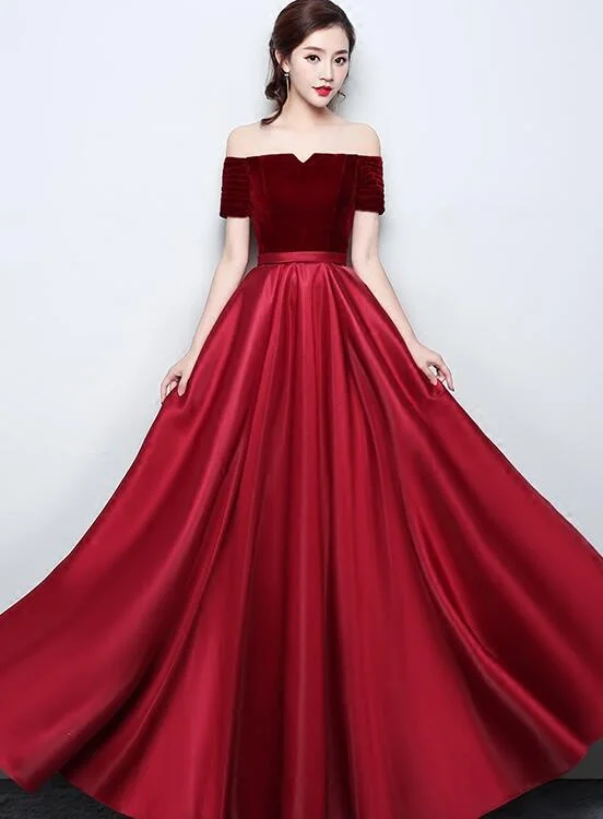 Wine Red Satin with Velvet Prom Dress, Off Shoulder A-line Formal Dress Evening Dress Tunics stripes playful Wine Red Satin with Velvet Prom Dress, Off Shoulder A-line Formal Dress Evening Dress Tunics stripes playful