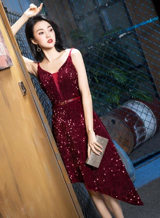 Wine Red Sequins Sexy High Low Party Dress, Sequins Evening Gowns Tunics Cozy comfortable Wine Red Sequins Sexy High Low Party Dress, Sequins Evening Gowns Tunics Cozy comfortable