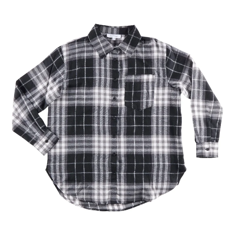 mySTYLE Women's Collared Long Sleeve Flannel Shirt Houndstooth Herringbone Solid