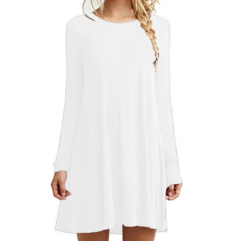 Womens Plus Size Long Sleeve Loose Midi Long T-Shirt Dress Solid Color Casual Pleated Swing Round Neck Pullover Streetwear S-2XL Modern Contemporary Chic