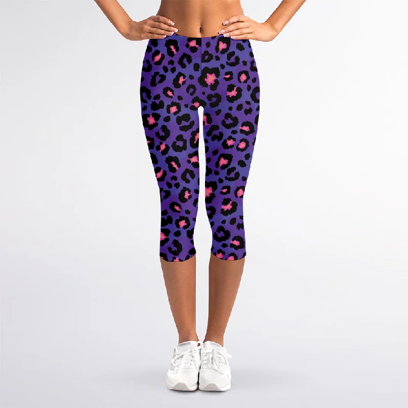 Purple And Pink Leopard Print Women's Capri Leggings Fashionable Seamless Leggings