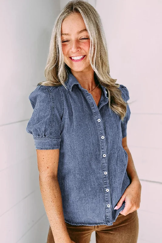 Short Sleeve Button-down Chambray Denim Blue Jean Shirt/Top Graphic T-Shirt Round Neck Polyester