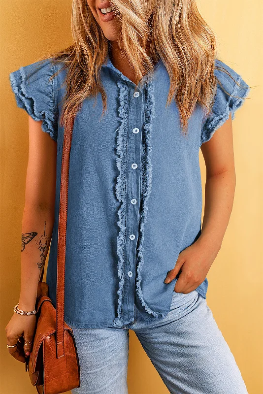 Flutter Sleeve Button-down Denim Jean Shirt Plaid T-Shirt Polka Dot Checkered