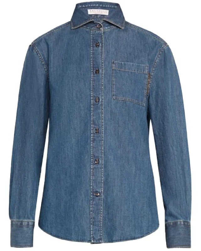 Monili Tab Pocket Denim Shirt in Medium Blue Polka Dot Checkered Tartan