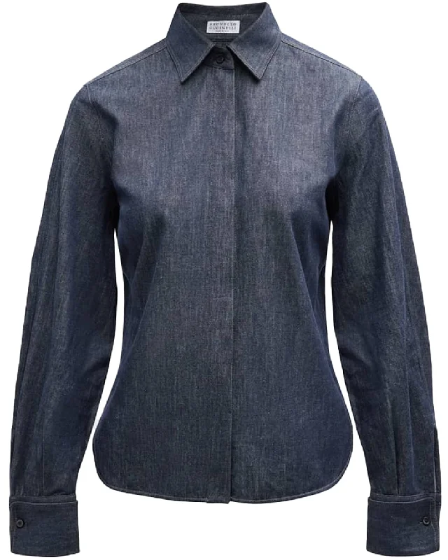 Blue Denim Button Up Shirt Fleece Nylon Spandex