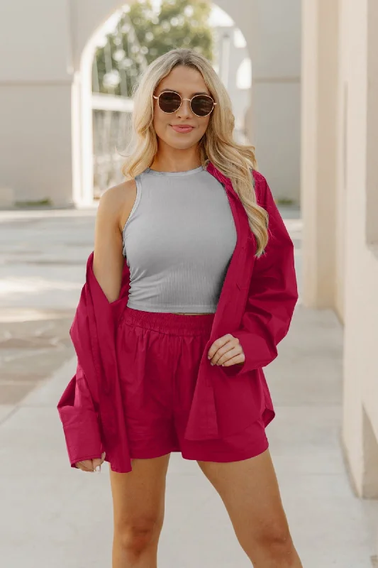 EASTON BUTTON DOWN SHIRT AND SHORTS SET IN CRIMSON V-Neck T-Shirt Long Sleeve Cotton EASTON BUTTON DOWN SHIRT AND SHORTS SET IN CRIMSON V-Neck T-Shirt Long Sleeve Cotton