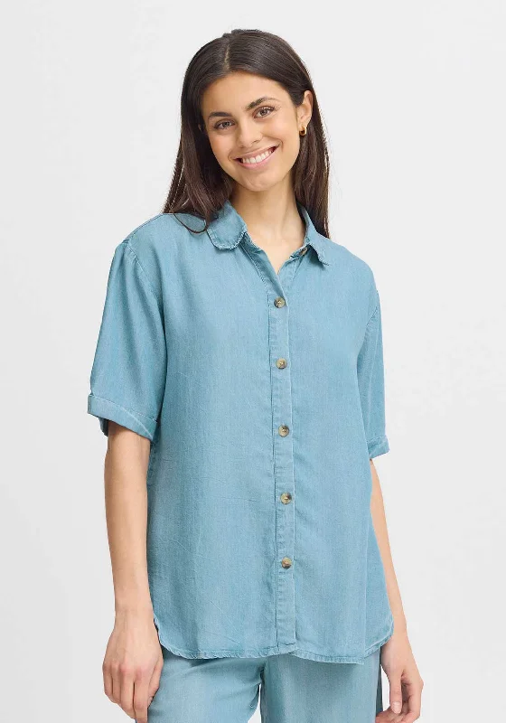 Fransa Evelyn Short Sleeve T-Shirt, Light Blue Denim Wool Fabric Cashmere Fabric Tweed Fabric Fransa Evelyn Short Sleeve T-Shirt, Light Blue Denim Wool Fabric Cashmere Fabric Tweed Fabric