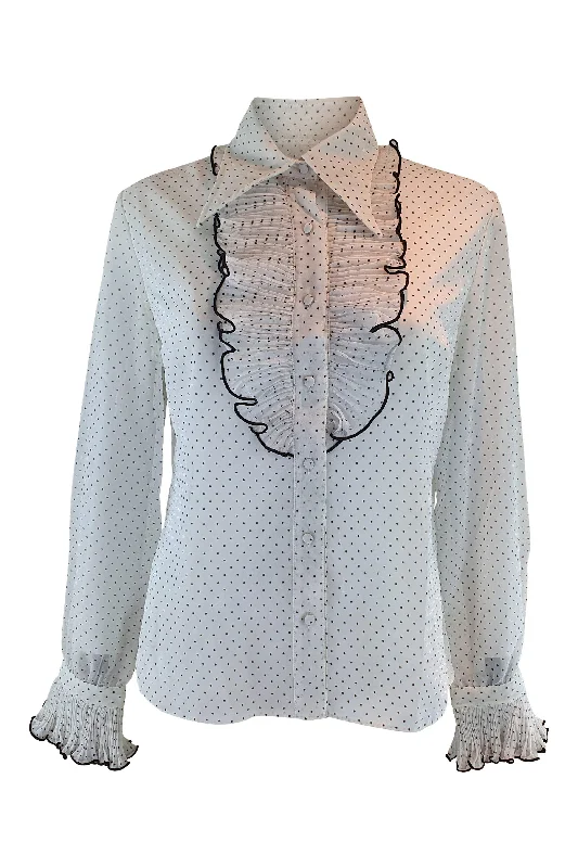 JANET COLTON Vintage White Polyester Polka Dot Ruffled Collar Shirt (40) Terry Blend Velvet Blend Canvas Blend JANET COLTON Vintage White Polyester Polka Dot Ruffled Collar Shirt (40) Terry Blend Velvet Blend Canvas Blend