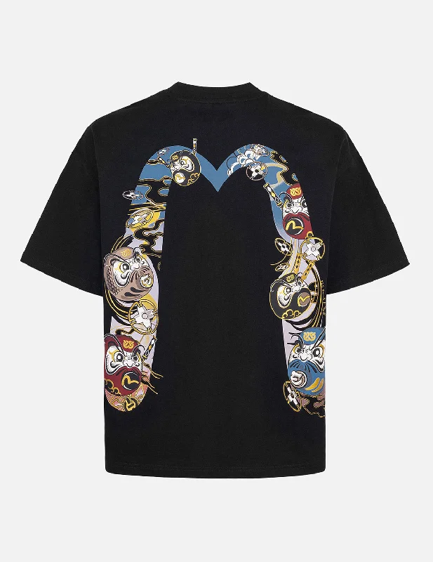Logo and Ninja Daruma Daicock Print Loose Fit T-shirt Front Pockets Side Pockets Patch Pockets Logo and Ninja Daruma Daicock Print Loose Fit T-shirt Front Pockets Side Pockets Patch Pockets