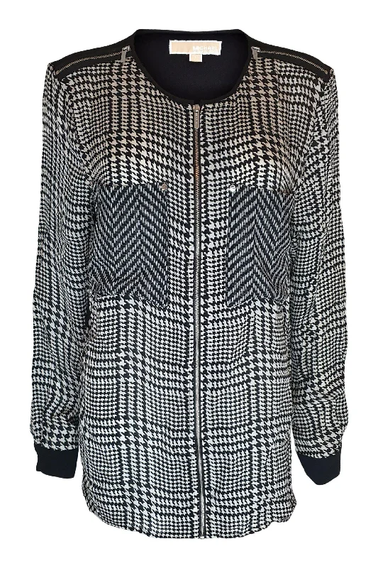 MICHAEL KORS 100% Silk Black and White Dogtooth Check Shirt (L) Rayon Velvet Corduroy MICHAEL KORS 100% Silk Black and White Dogtooth Check Shirt (L) Rayon Velvet Corduroy