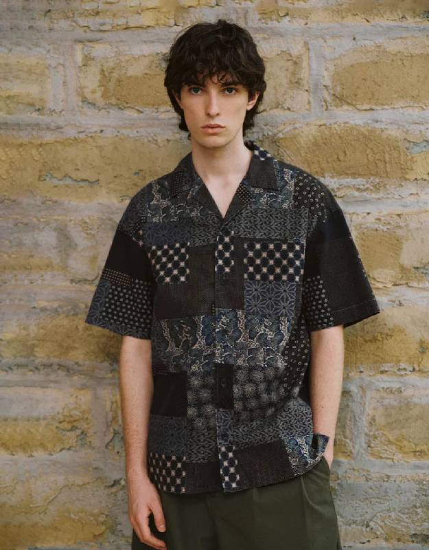 Notch Lapel Printed Loose Denim Shirt V-Neck T-Shirt Long Sleeve Cotton