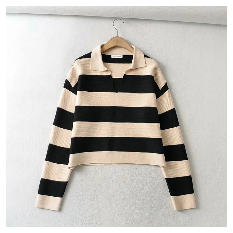 Retro Stripe Polo neck T-shirt  7363 Hooded Caped Shawl Collar
