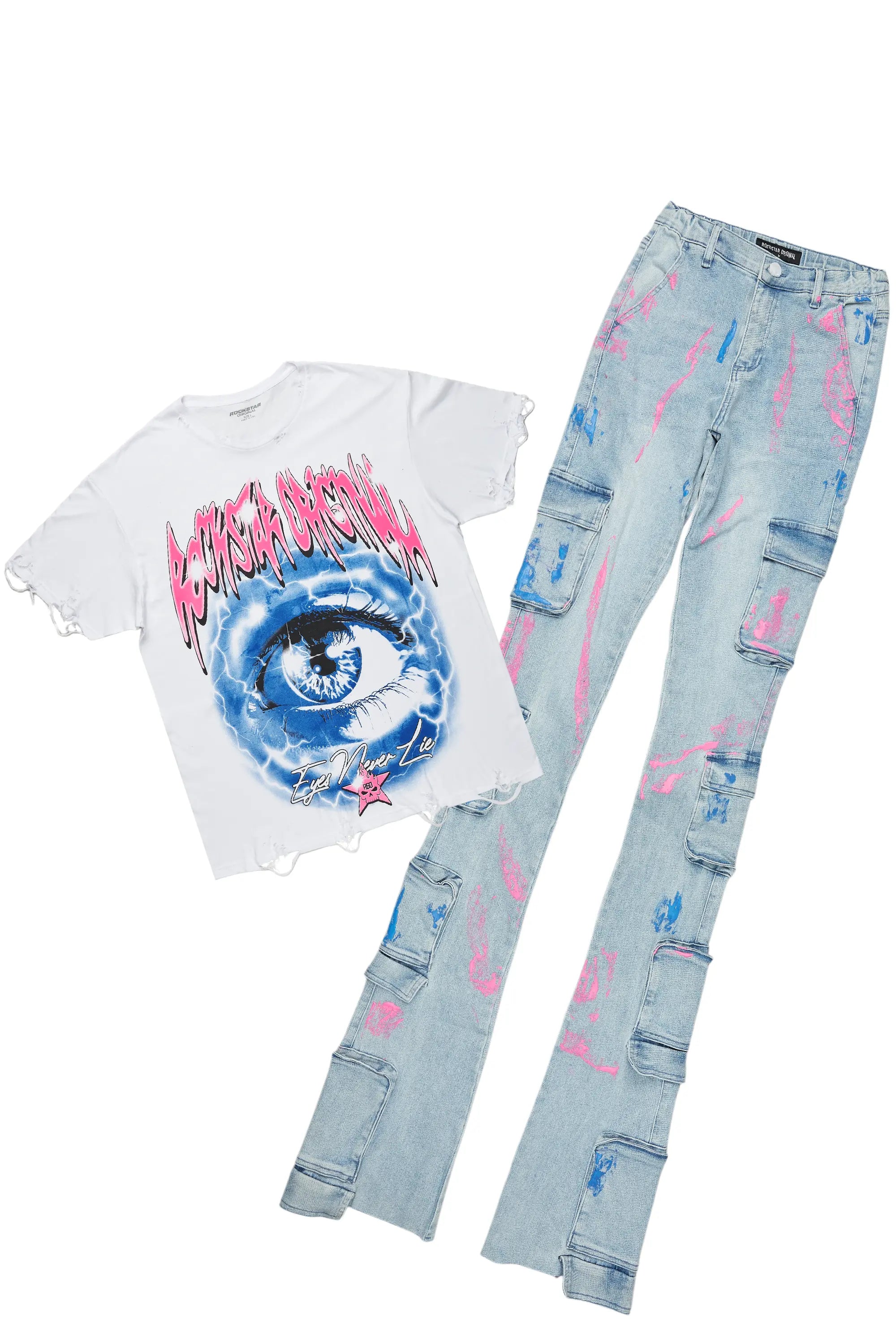 Jakeisha White/Blue T-Shirt/Super Stacked Jean Set Casual Formal Business