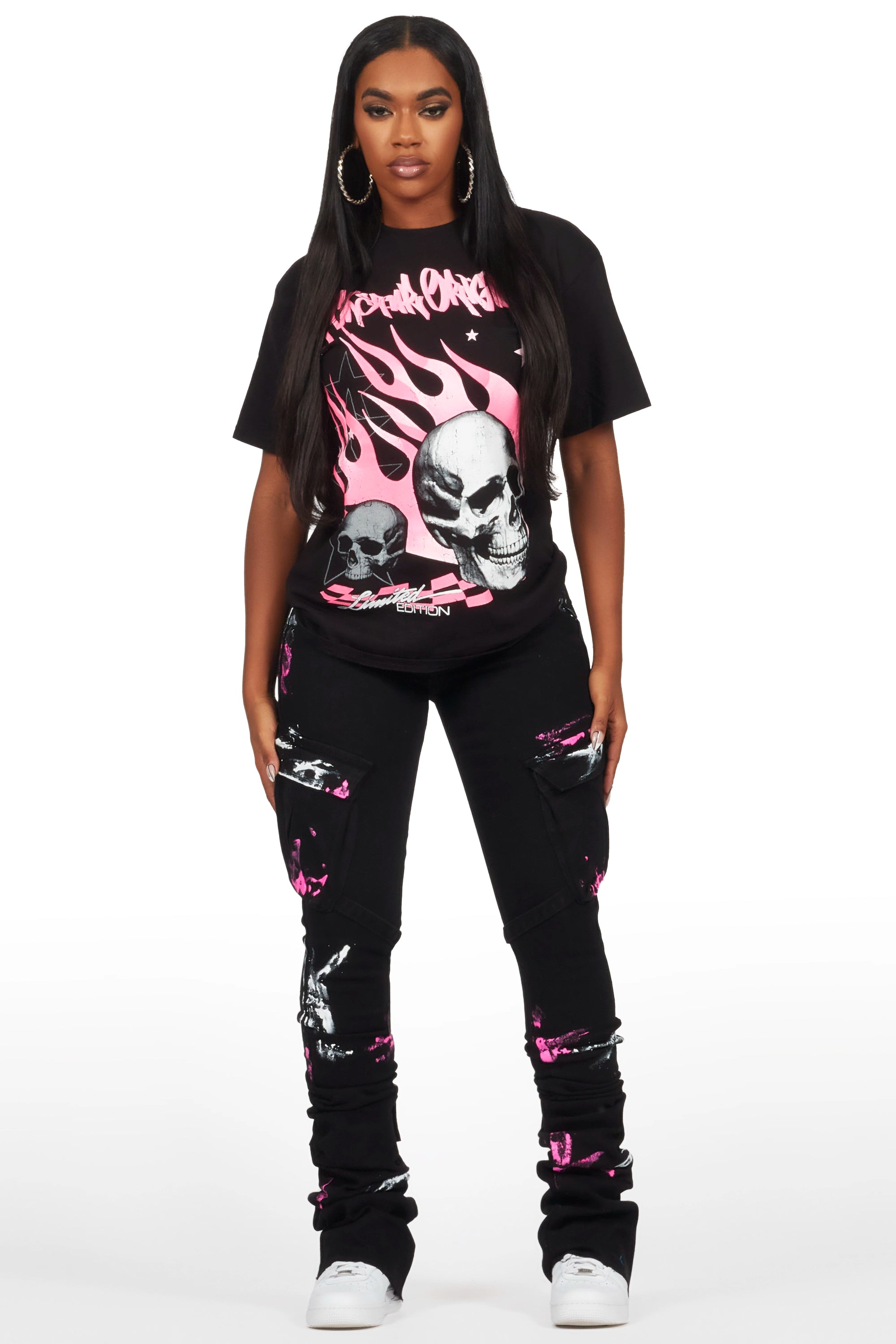 Quintona Black T-Shirt/Super Stacked Jean Set Hooded Caped Shawl Collar