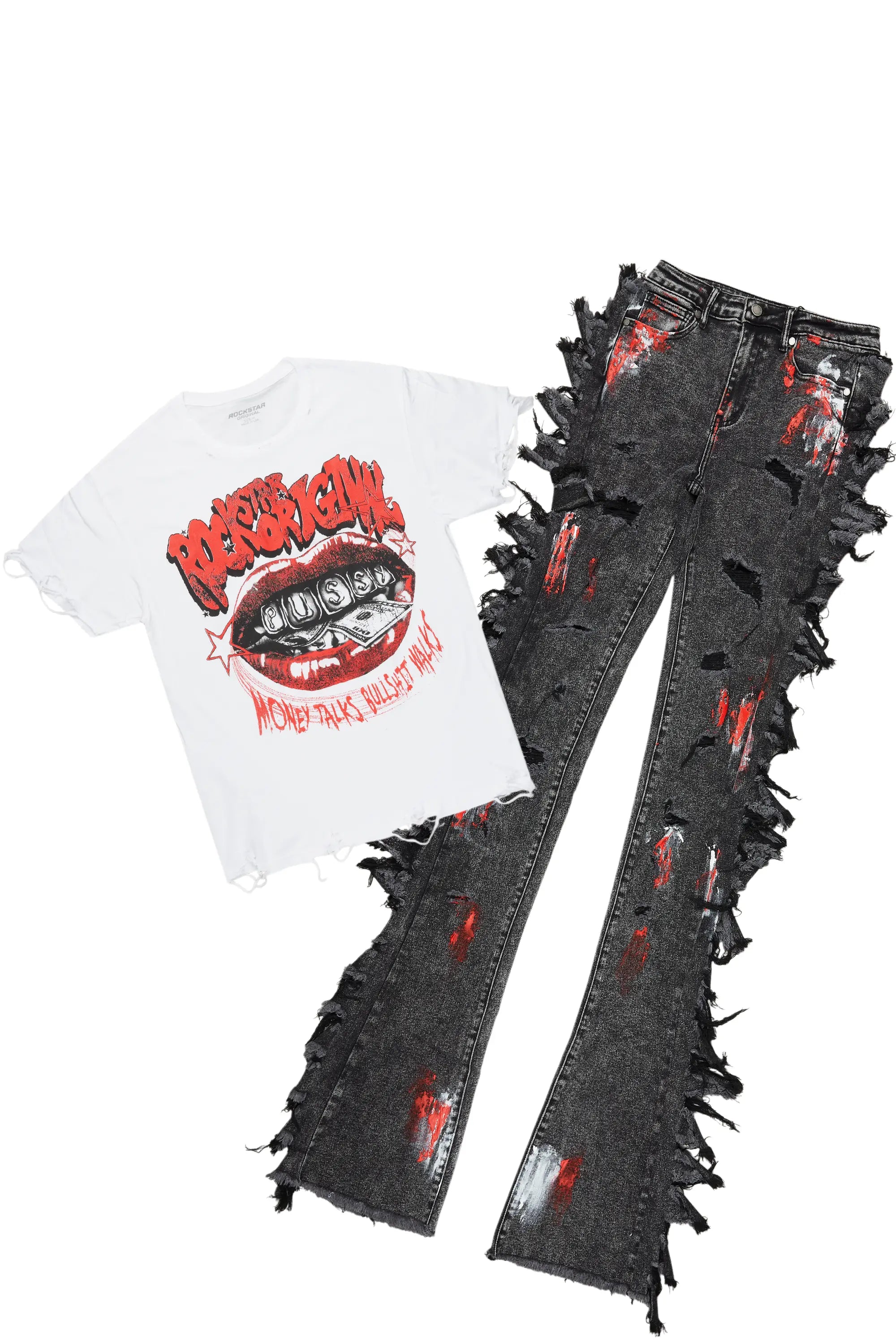 Avona White/Black T-Shirt/Super Stacked Jean Set Zippered Buttoned Snapped
