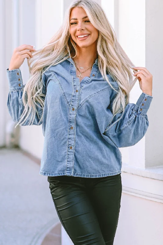 Long Sleeve Button-Down Denim Blue Jean Shirt Mesh Blend Leather Blend Suede Blend