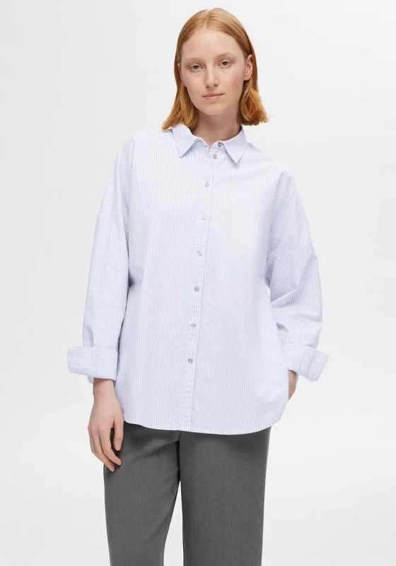 Selected Femme Nova Oxford Oversize Shirt, Bright White & Endless Sky Print Jacquard Patchwork Selected Femme Nova Oxford Oversize Shirt, Bright White & Endless Sky Print Jacquard Patchwork