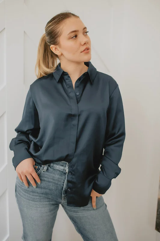 The Oversized Satin Shirt - Navy Welt Pockets Slit Pockets