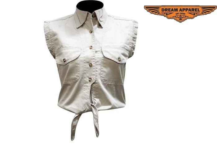 Women Natural Denim Sleeveless Shirt with Buttons Welt Pockets Slit Pockets Flap Pockets Women Natural Denim Sleeveless Shirt with Buttons Welt Pockets Slit Pockets Flap Pockets