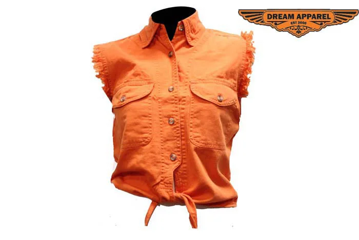 Women Orange Denim Sleeveless Shirt with Buttons Notch Collar Peter Pan Collar Cowl Neck Women Orange Denim Sleeveless Shirt with Buttons Notch Collar Peter Pan Collar Cowl Neck