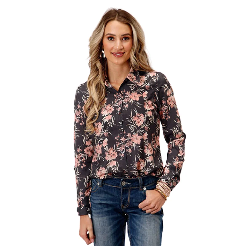 Women's Coral Floral Print Western Long Sleeve Printed Shirt By Roper - 03-050-0590-7071 GY Casual Formal Business Women's Coral Floral Print Western Long Sleeve Printed Shirt By Roper - 03-050-0590-7071 GY Casual Formal Business