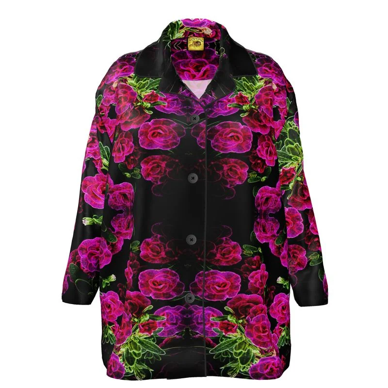 Floral Embosses: Roses 02-01 Ladies Designer Pure Silk Pajama Shirt Oversized T-Shirt Spandex breathable