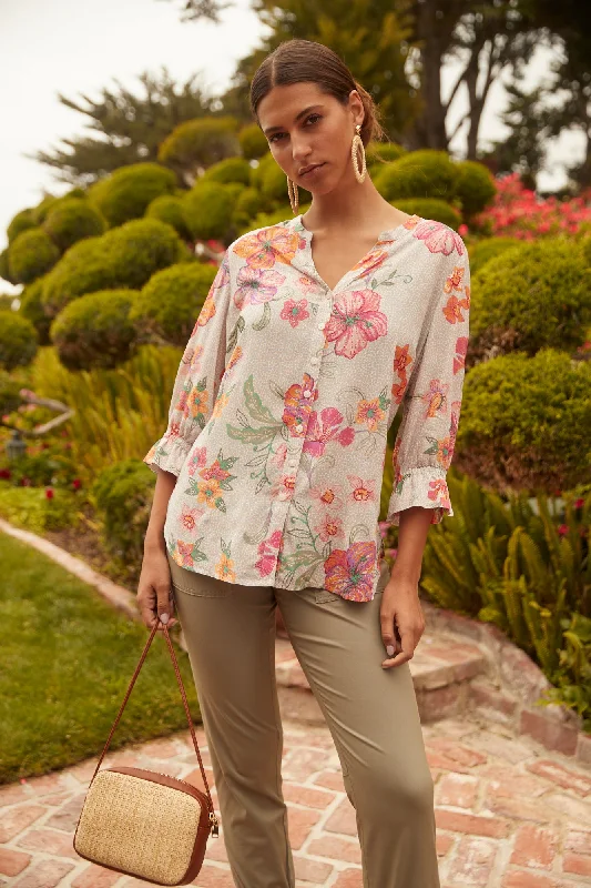 3/4 Sleeve Shirt with Slit Detail Ribbed Striped Patterned