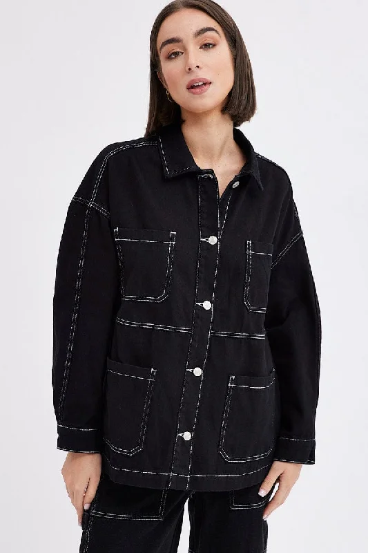 Black Shirt Long Sleeves Collared Contrast Stitch Denim Print Jacquard Patchwork
