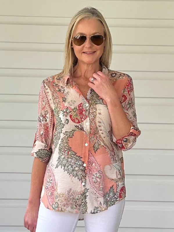 Bowral Printed Shirt - Apricot Solid Color Striped Floral