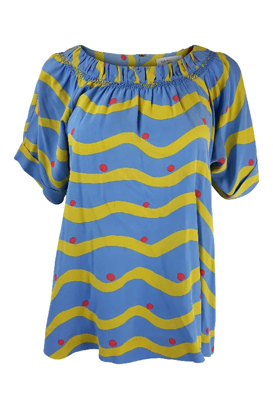 CHLOE Blue 100% Silk Striped and Dotted Short Sleeved Shirt (36) Striped Floral Plaid CHLOE Blue 100% Silk Striped and Dotted Short Sleeved Shirt (36) Striped Floral Plaid