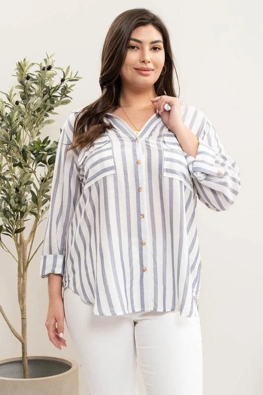 Curvy/Plus Blue Striped Double Pocket Button Up Shirt Graphic T-Shirt Round Neck Polyester Curvy/Plus Blue Striped Double Pocket Button Up Shirt Graphic T-Shirt Round Neck Polyester