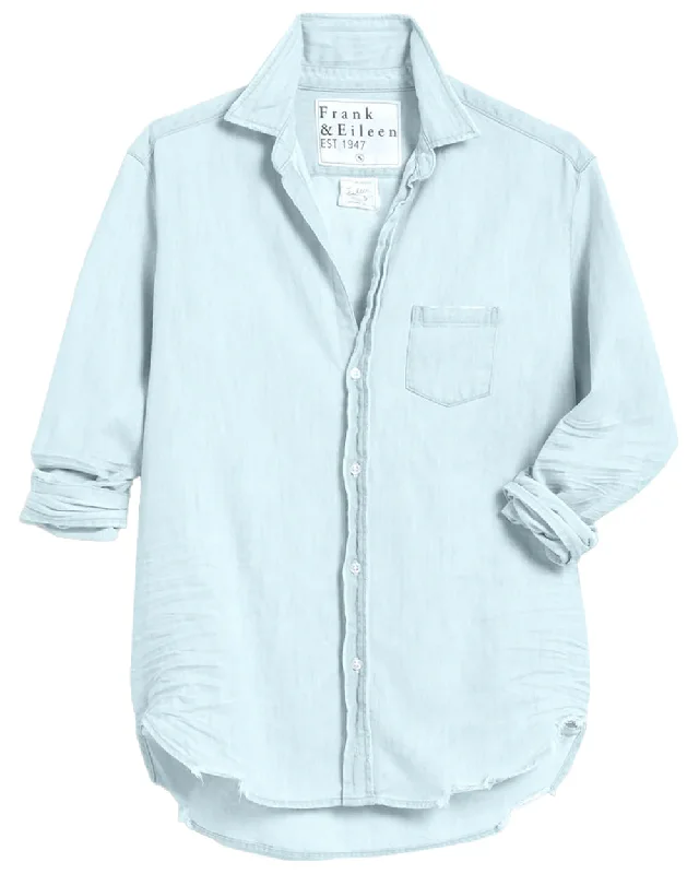 Classic Blue Tattered Denim Eileen Button Up Shirt Embroidered Appliqued Beaded