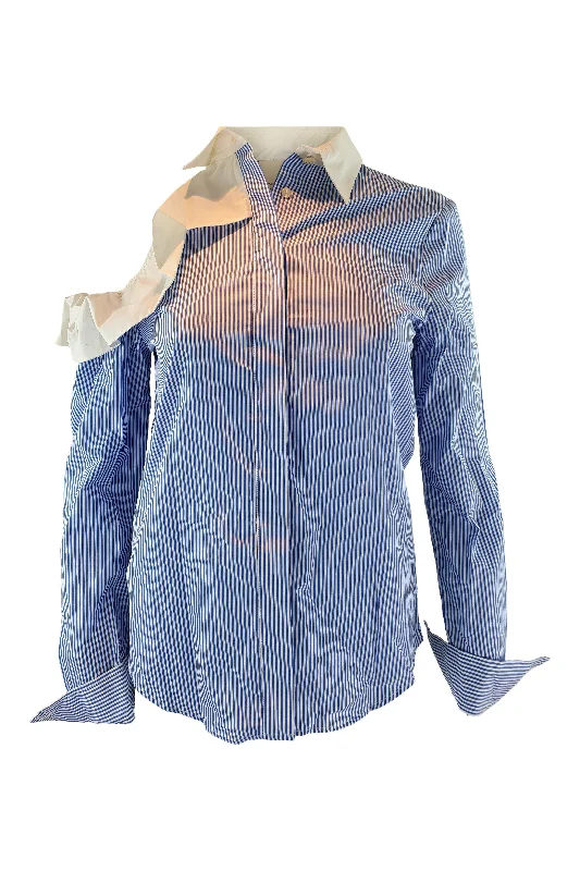 PINKO White Collar Blue Stripes Off Shoulder Shirt (UK 8) Chenille Blend Fleece Blend Nylon Blend PINKO White Collar Blue Stripes Off Shoulder Shirt (UK 8) Chenille Blend Fleece Blend Nylon Blend
