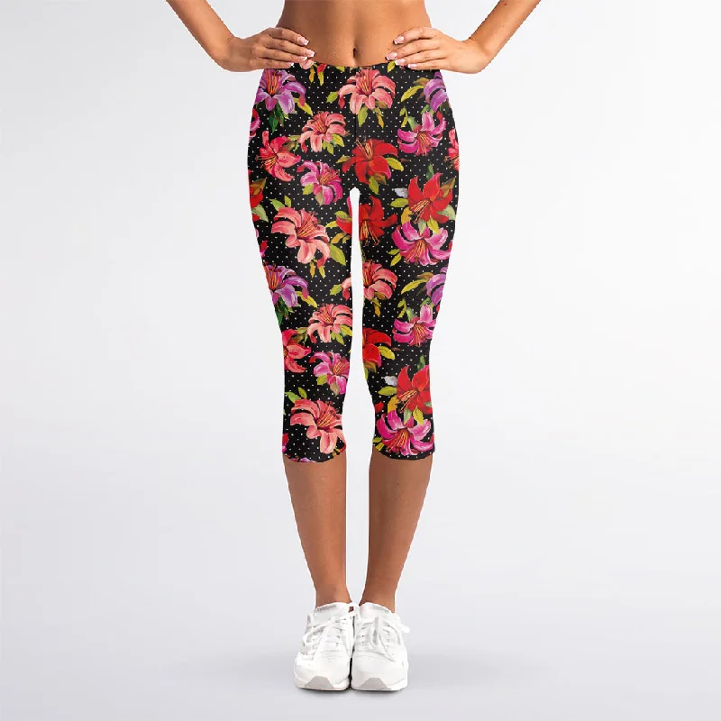 Polka Dot Lily Pattern Print Women's Capri Leggings Cozy Fashion Leggings