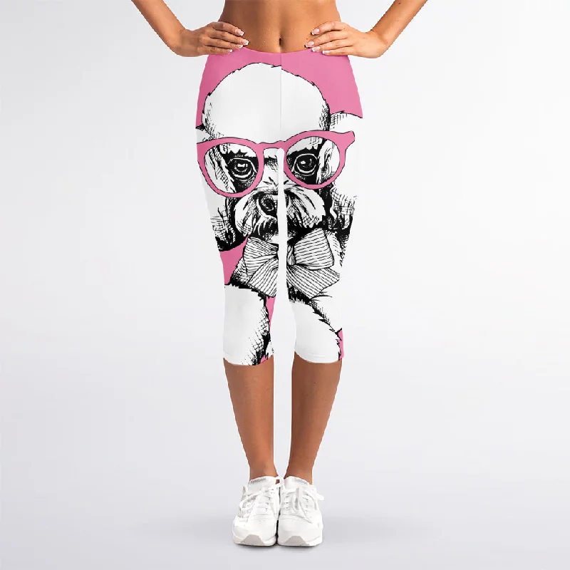 Poodle With Glasses Print Women's Capri Leggings Comfortable Zip-Up Leggings