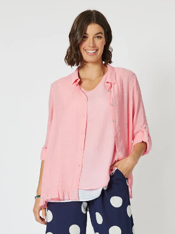 Portofino Ruffle Shirt - Coral Welt Pockets Slit Pockets