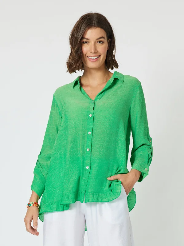 Portofino Ruffle Shirt - Green Terry Blend Velvet Blend Canvas Blend
